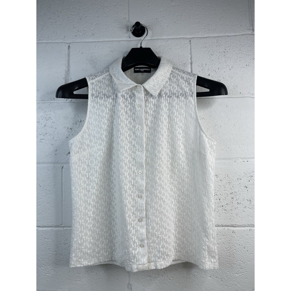 Karl Lagerfeld Womens White Sleeveless Collared Shirt "KL" Lace Pattern Sz L EUC